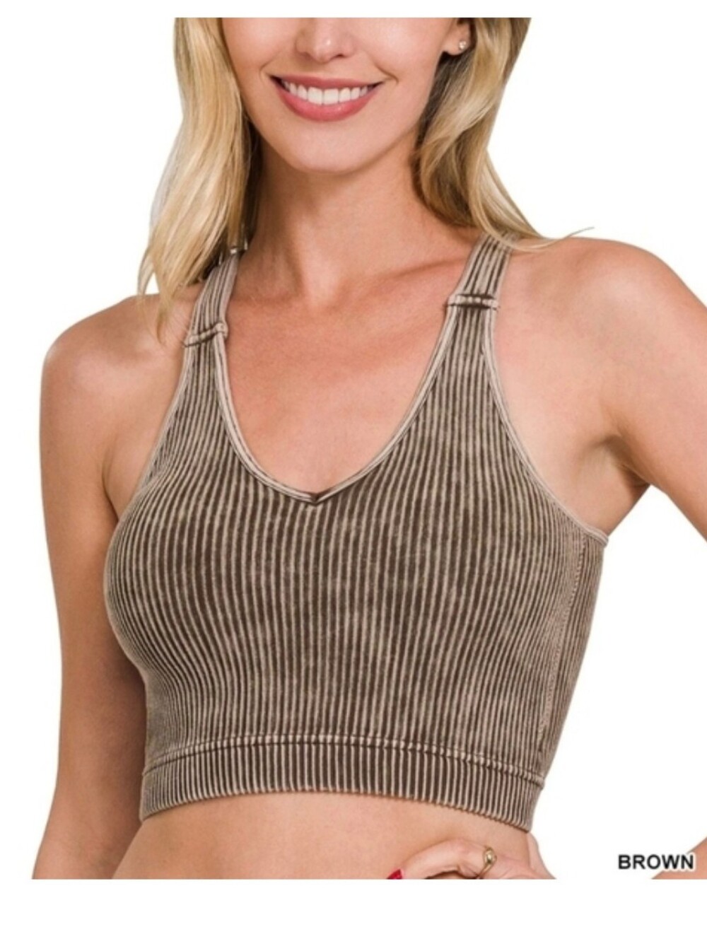 Zenana Outfitters Brown Ribbed Padded Cropped Camisole